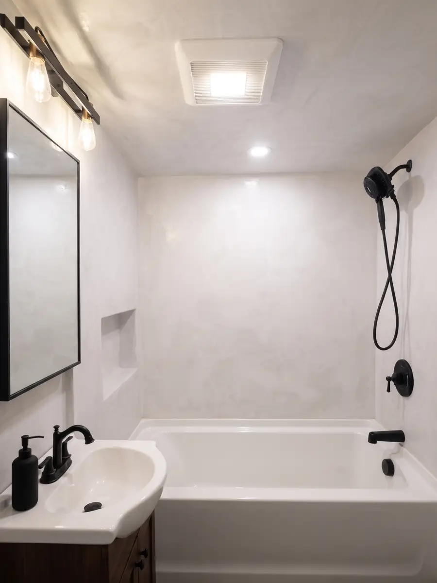 Microcement bathtub surround with a built-in niche in Marblehead