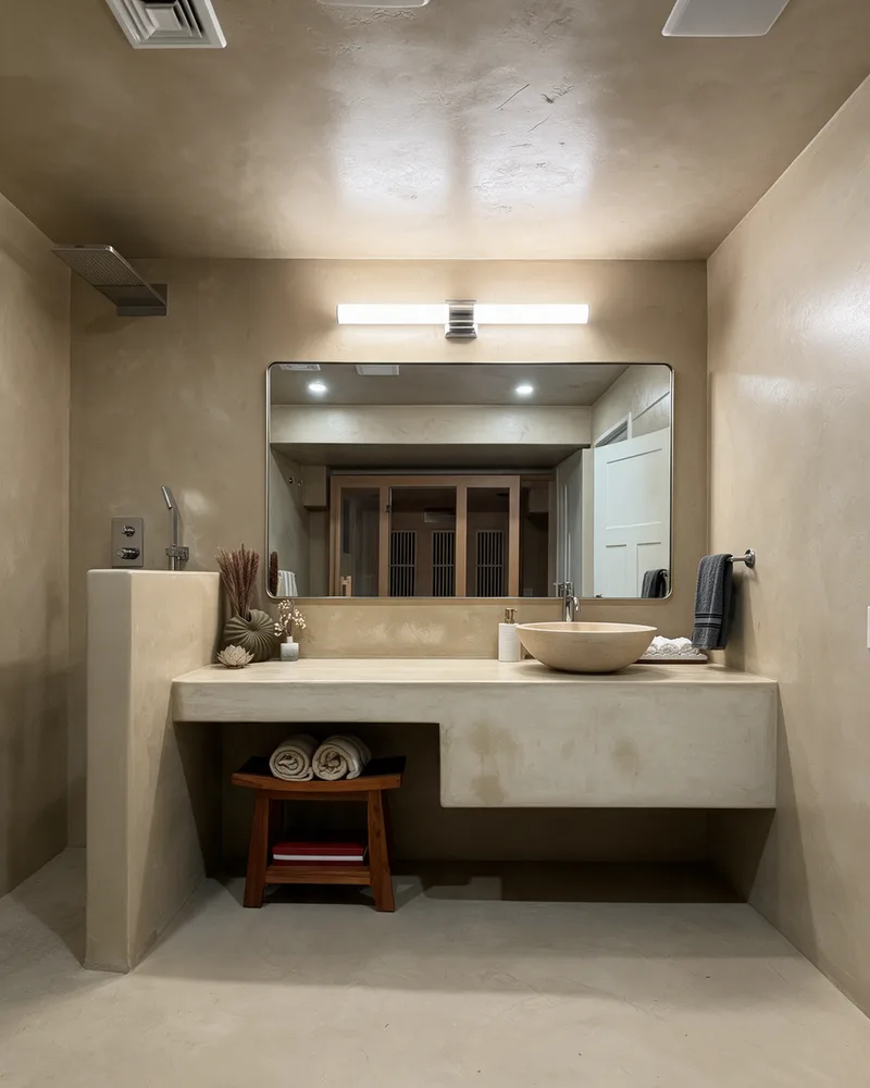 Seamless microcement bathroom with a floating vanity and vessel sink finished by Ezra Plastering