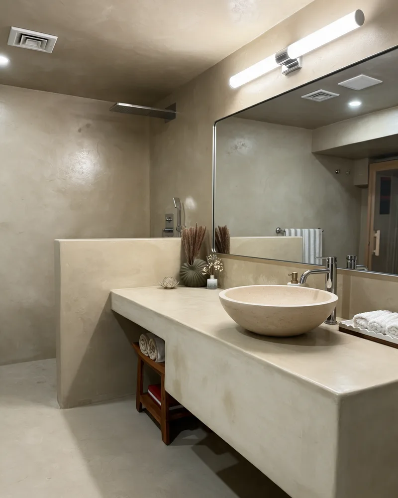 Seamless microcement bathroom with a curbless shower and floating vanity finished by Ezra Plastering