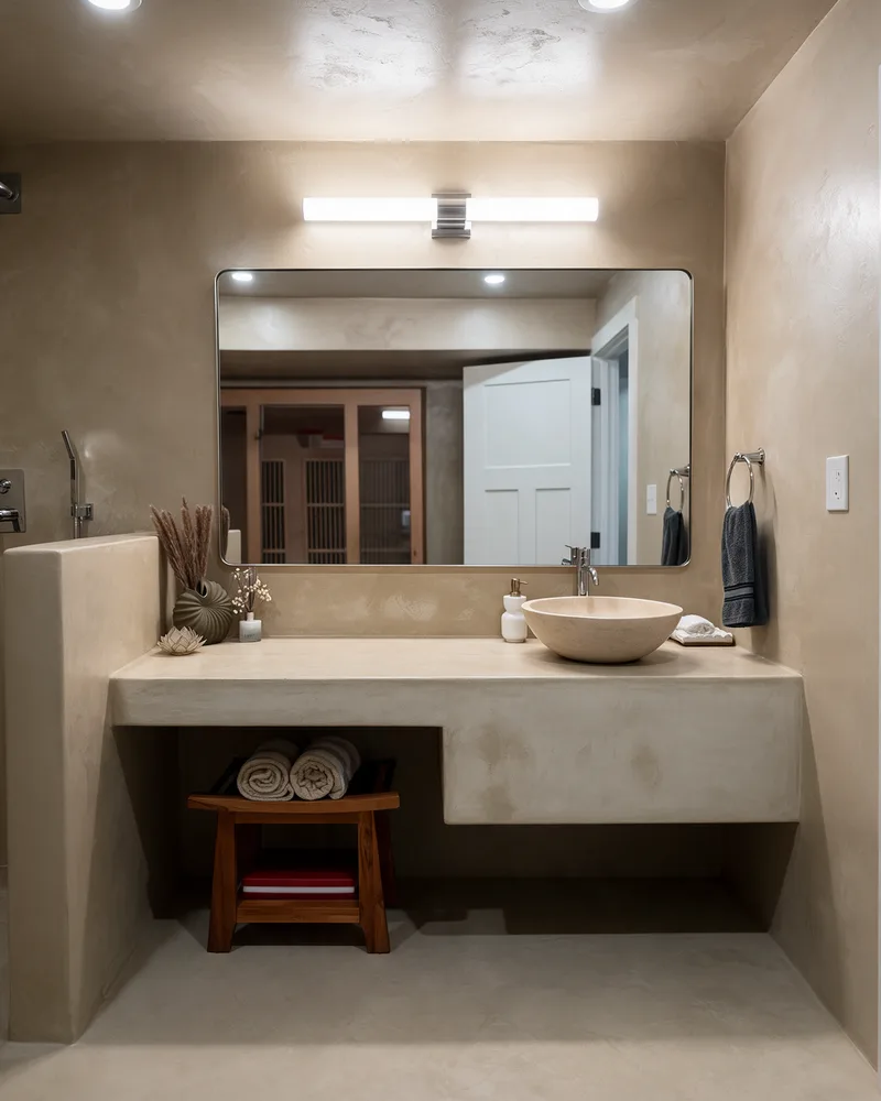 Microcement bathroom with a floating vanity, vessel sink and large backlit mirror