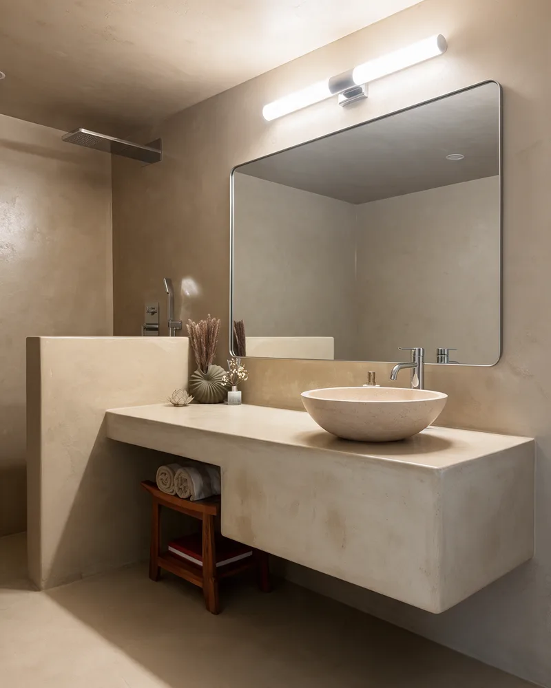 Microcement floating vanity next to a walk-in shower with a rain shower head