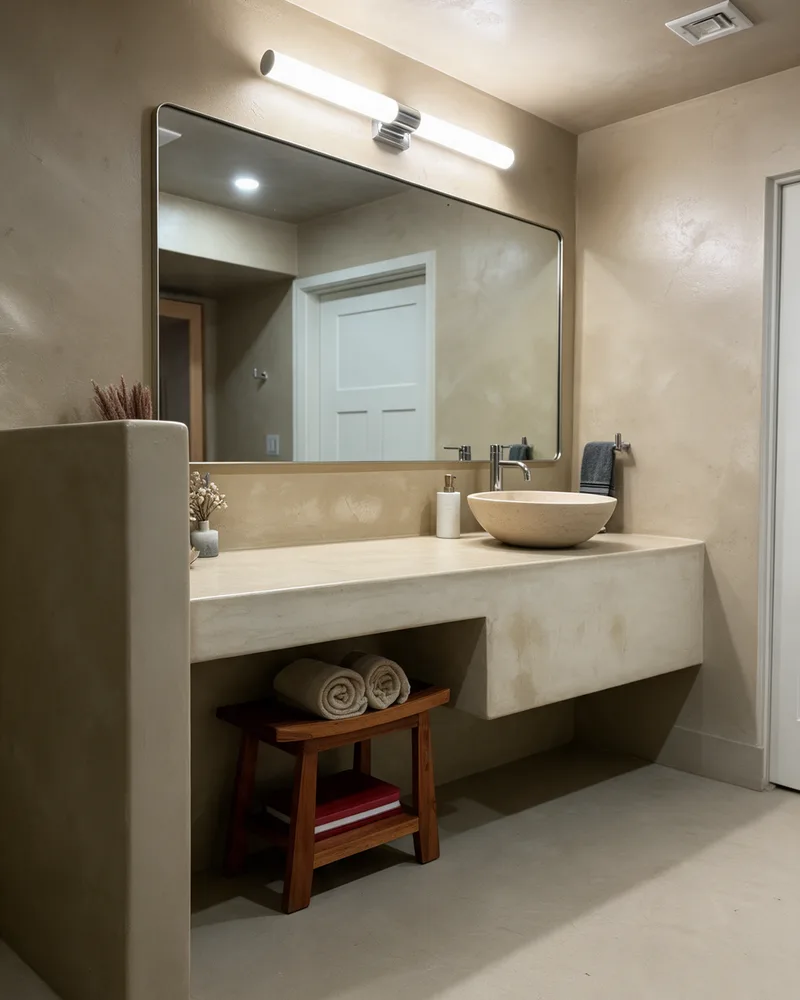 Side angle of a microcement floating vanity with a stone vessel sink and teak stool