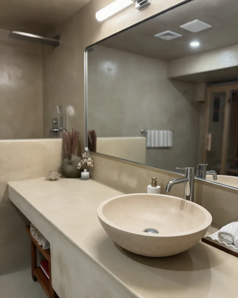 Close-up of a microcement vanity top with a stone vessel sink and chrome faucet