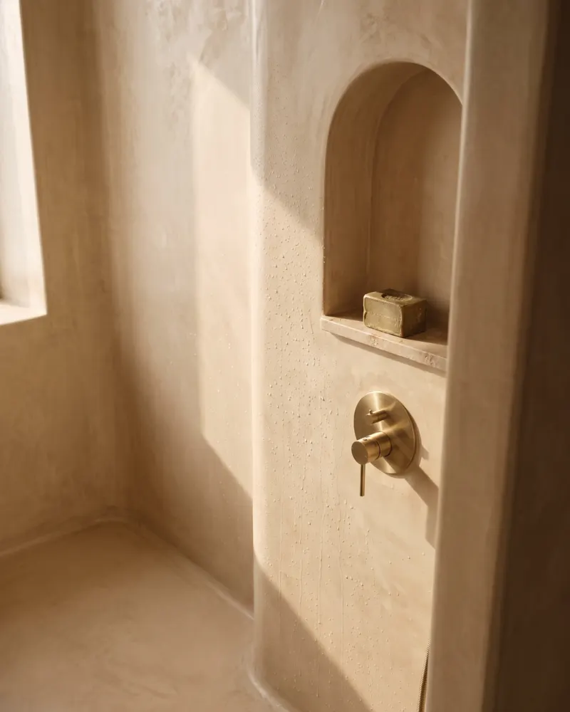 Tadelakt walk-in shower with an arched niche