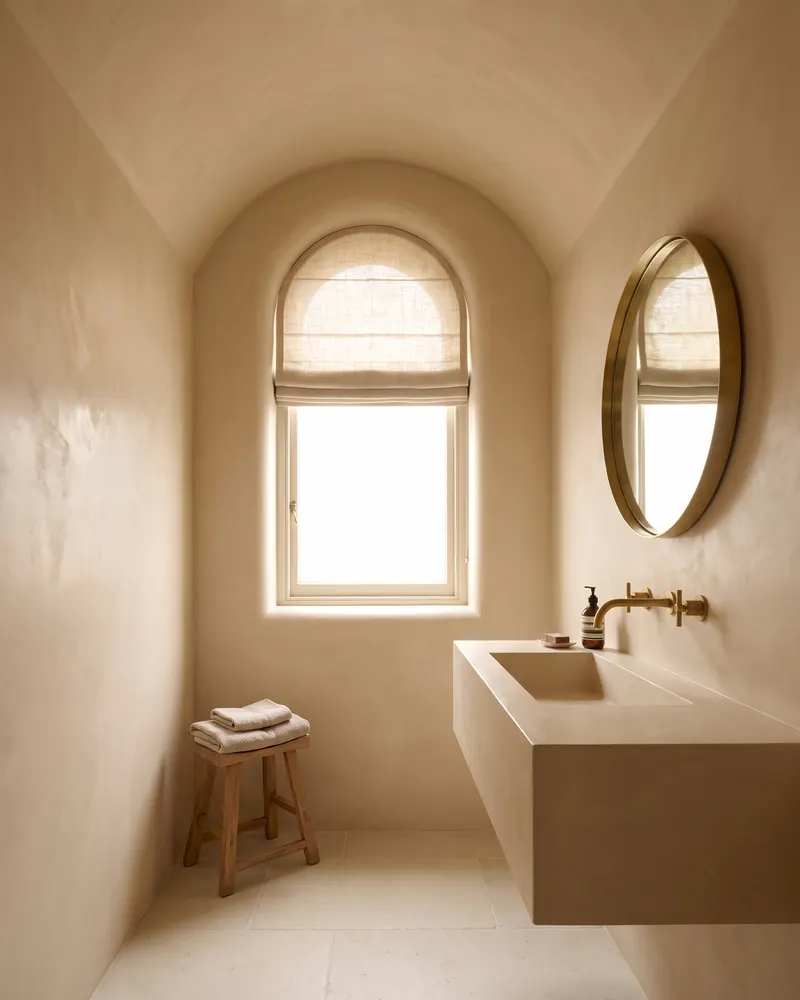 Vaulted wet room finished in Tadelakt with a sculpted floating basin