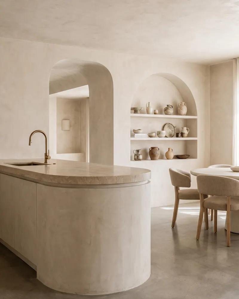 Rounded kitchen island clad in Venetian plaster with arched niche shelving