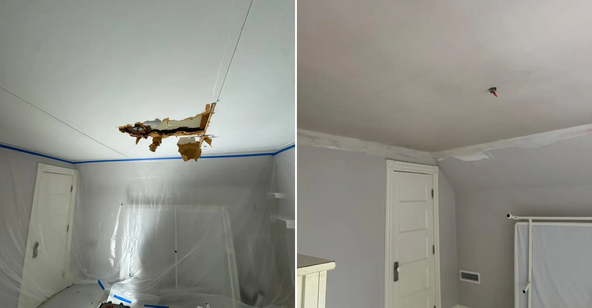 Water damaged ceiling repair in Greater Boston by Ezra Plastering, before and after