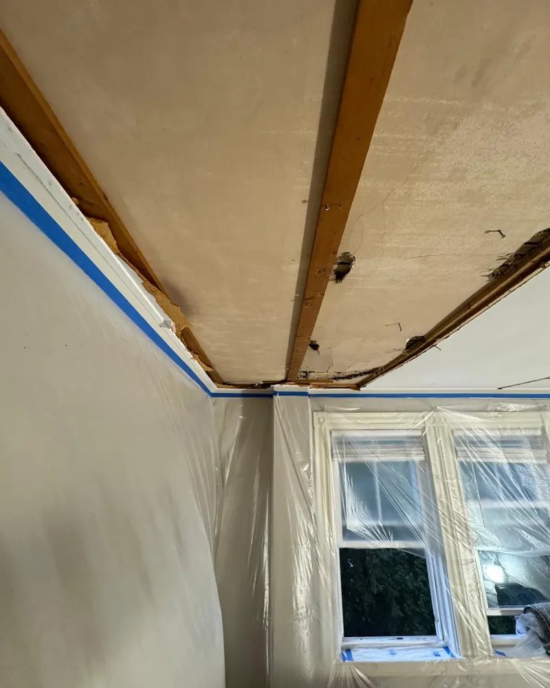 Ceiling opened to the joists to dry and rebuild